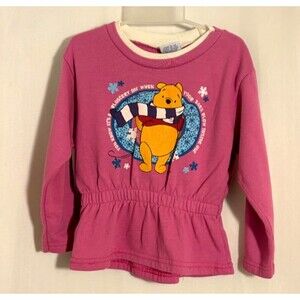 Vintage - Girls’ Disney Pooh Graphic Top with Gathered Waist – Pink Fleece 5t